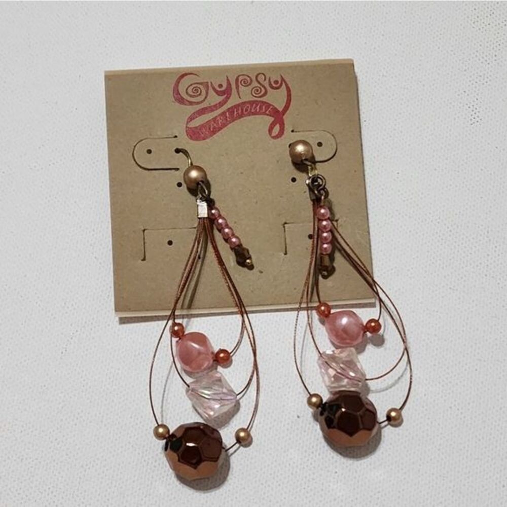 Treska Gypsy Pink Bronze Beaded Layered Teardrop Dangle Earrings Boho NEW